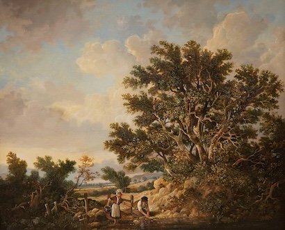 Andre De Moller (b.1942), Landscape with figures beside a stream, signed, inscribed verso, oil on canvas, 49 x 59cm